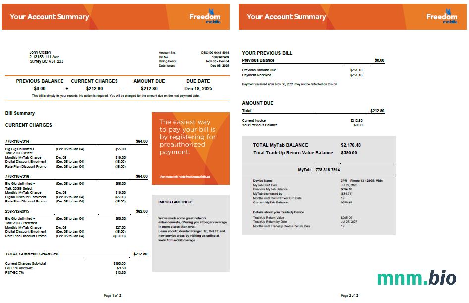 Kanada Freedom Mobile rachunek za media szablon w formacie Word i PDF, 2 strony